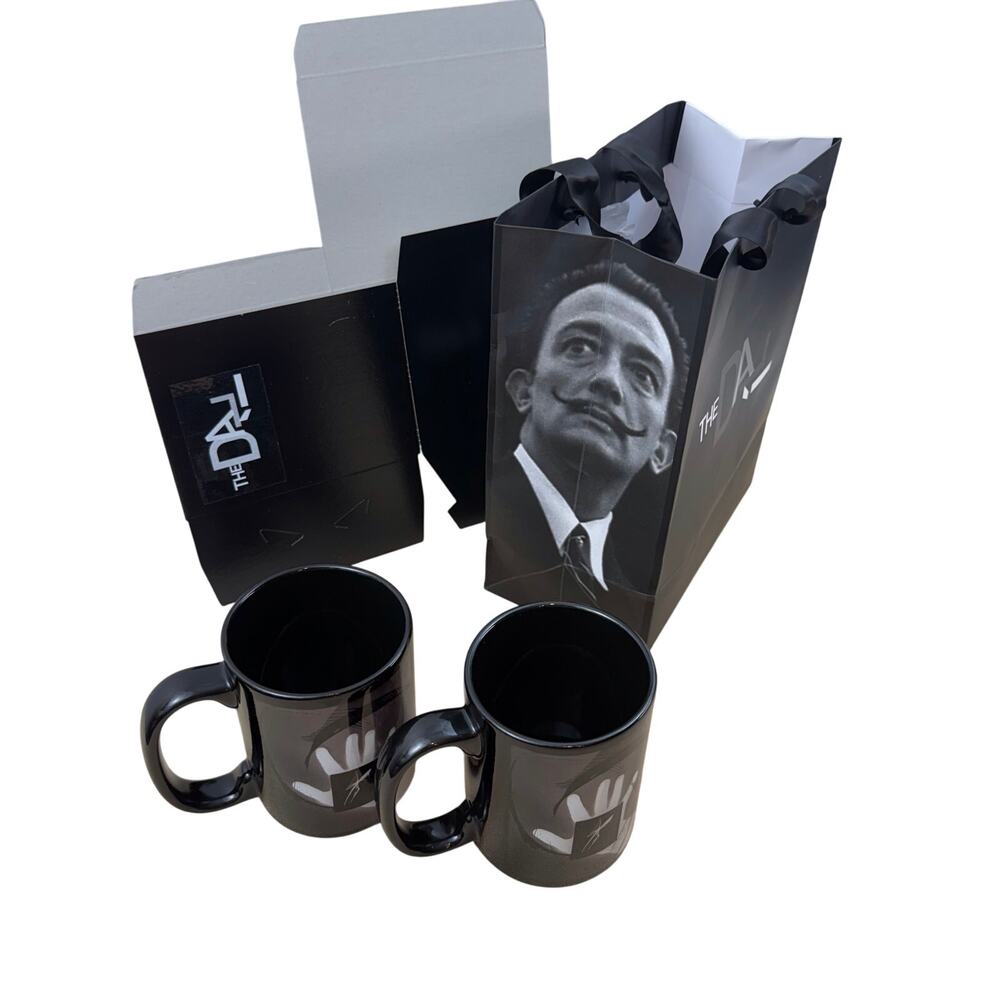 NIB Salvador Dali Museum Black Coffee Mugs Set of 2 with Boxes and Gift Bag